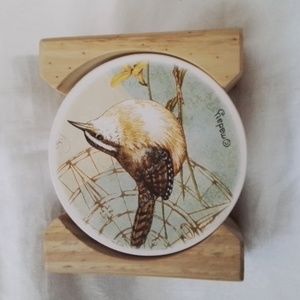 Cypress Home Ceramic Bird Coasters in Wooden Holder